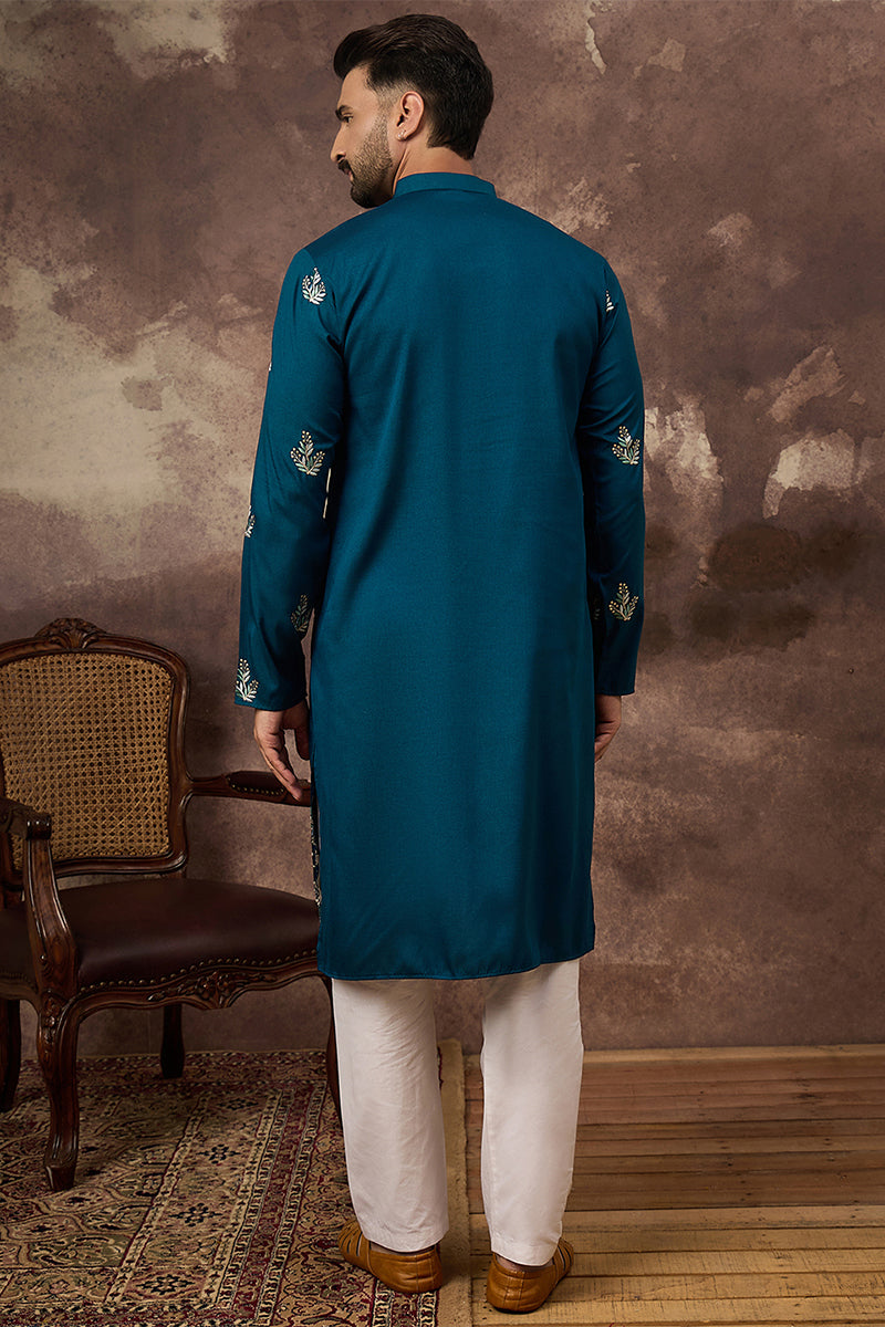 blue silk blend solid embroidered straight kurta