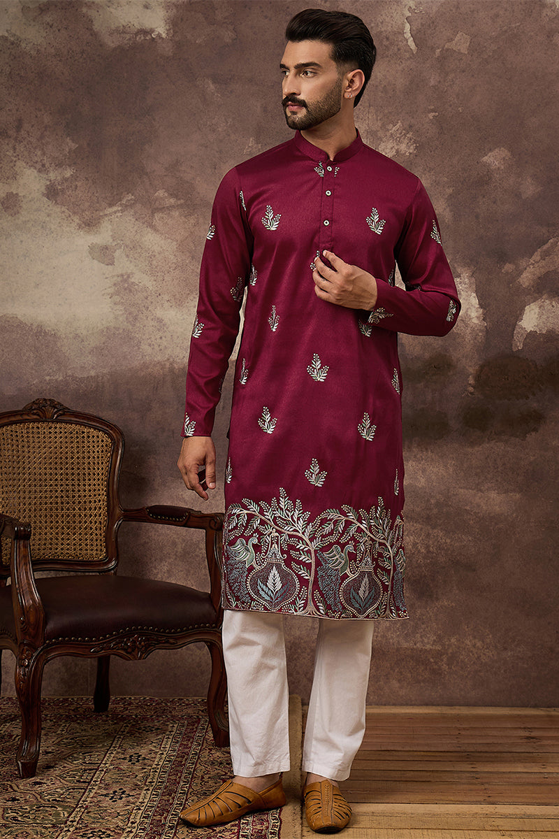 maroon silk blend solid embroidered straight kurta