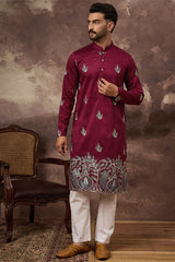 maroon silk blend solid embroidered straight kurta