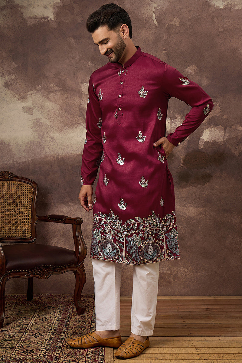 maroon silk blend solid embroidered straight kurta