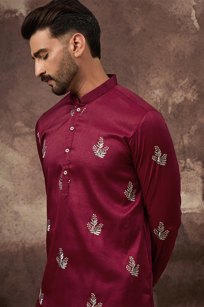 maroon silk blend solid embroidered straight kurta