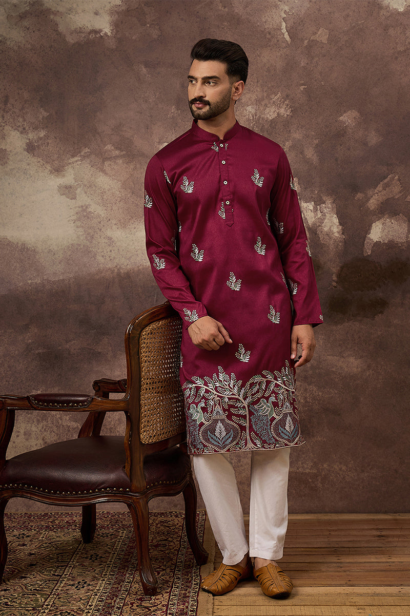maroon silk blend solid embroidered straight kurta