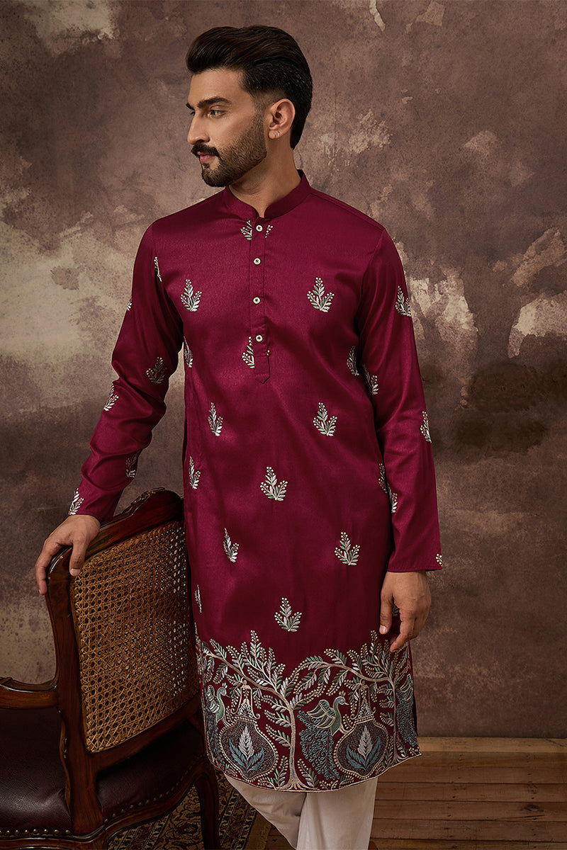 maroon silk blend solid embroidered straight kurta