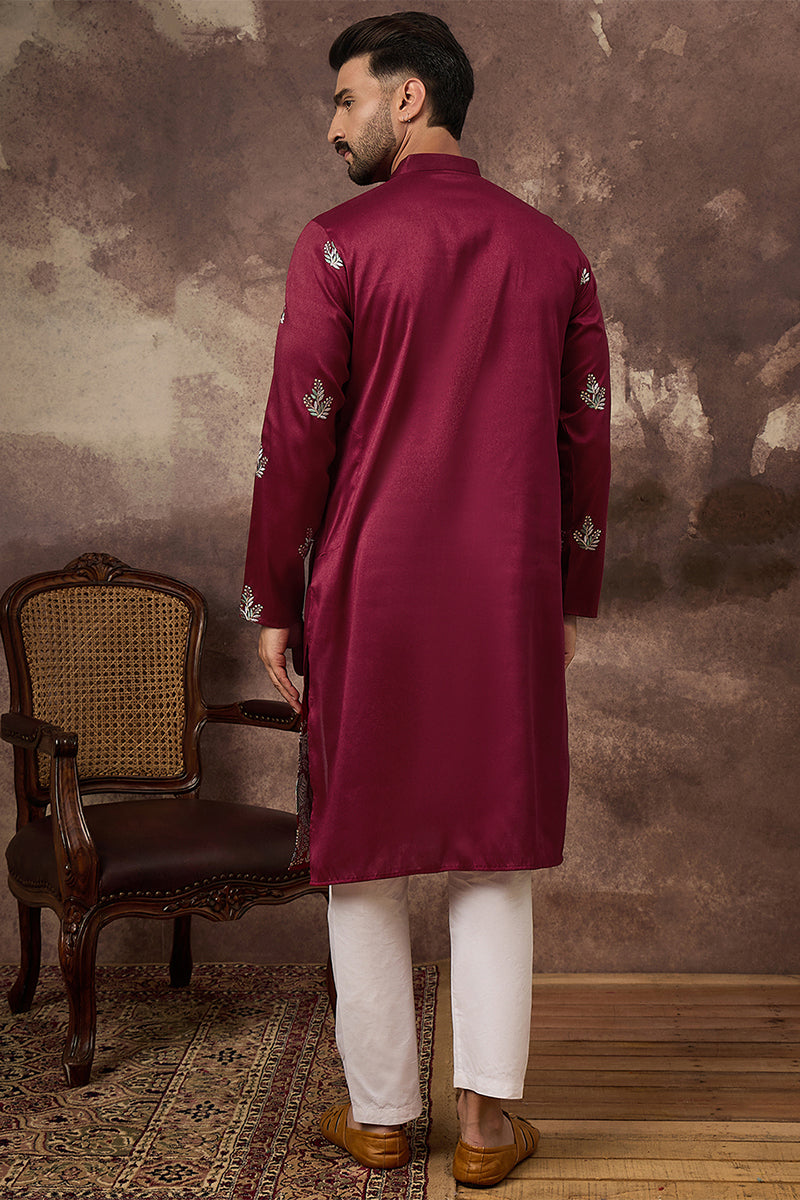 maroon silk blend solid embroidered straight kurta