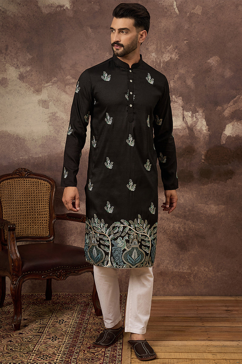 Black Silk Blend Solid Embroidered Straight Kurta