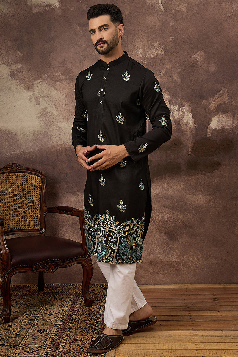 Black Silk Blend Solid Embroidered Straight Kurta