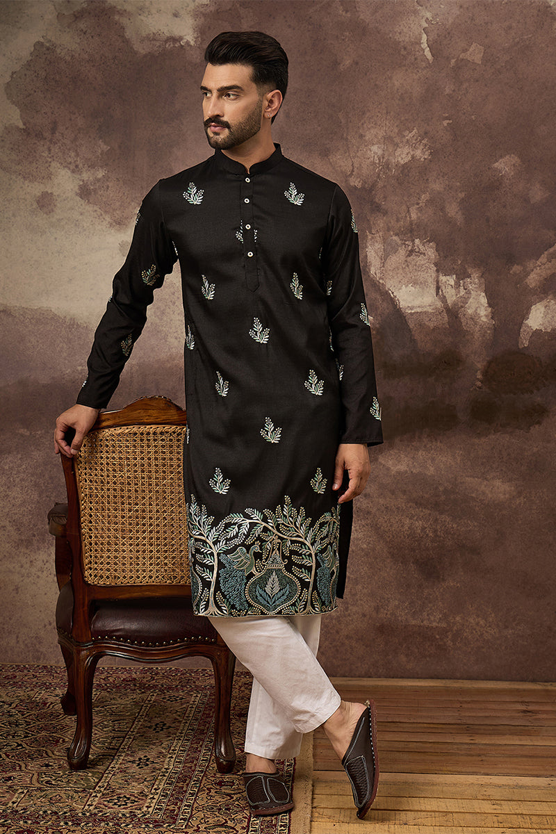 Black Silk Blend Solid Embroidered Straight Kurta