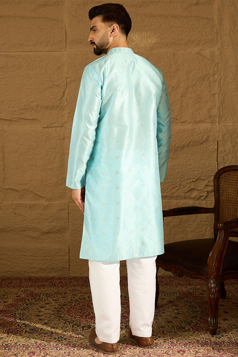 Blue Silk Blend Solid Woven Design Straight Kurta
