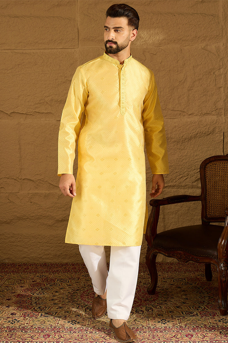 Yellow Polyester Solid Embroidered Straight Kurta MKU1353