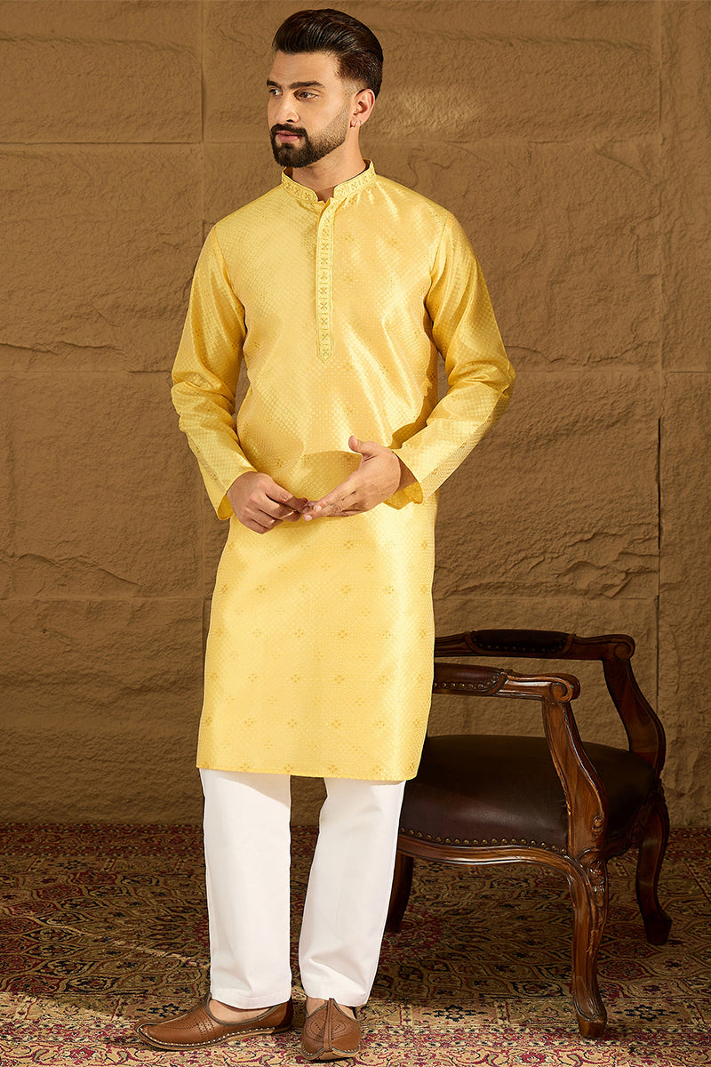 Yellow Polyester Solid Embroidered Straight Kurta with Trouser MKSET1353