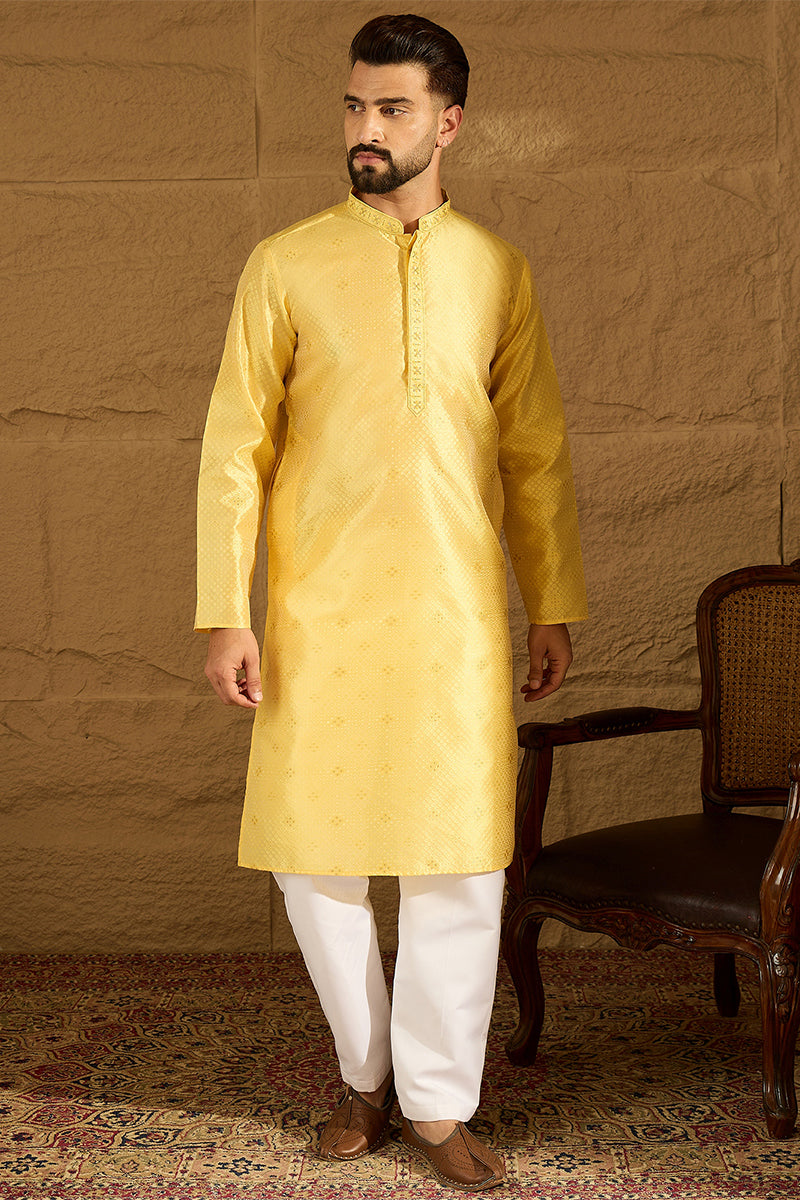 Yellow Polyester Solid Embroidered Straight Kurta