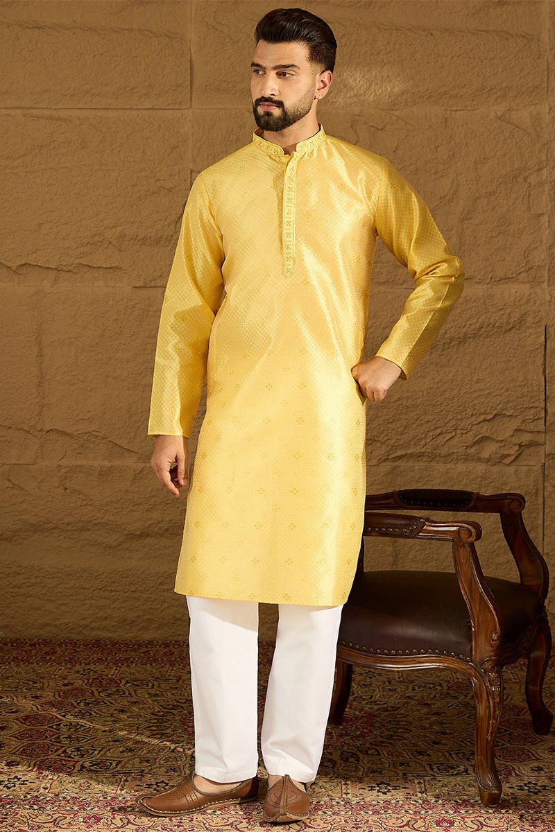 Yellow Polyester Solid Embroidered Straight Kurta with Trouser