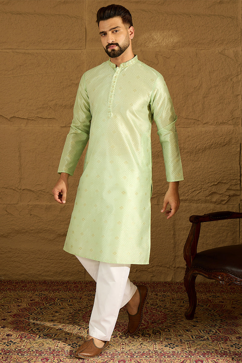 Green Silk Blend Solid Woven Design Straight Kurta with Trouser MKSET1354