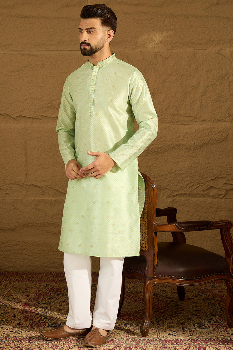 Green Silk Blend Solid Woven Design Straight Kurta