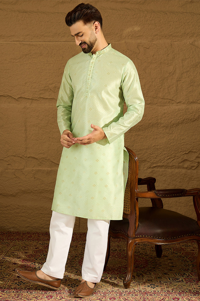 Green Silk Blend Solid Woven Design Straight Kurta
