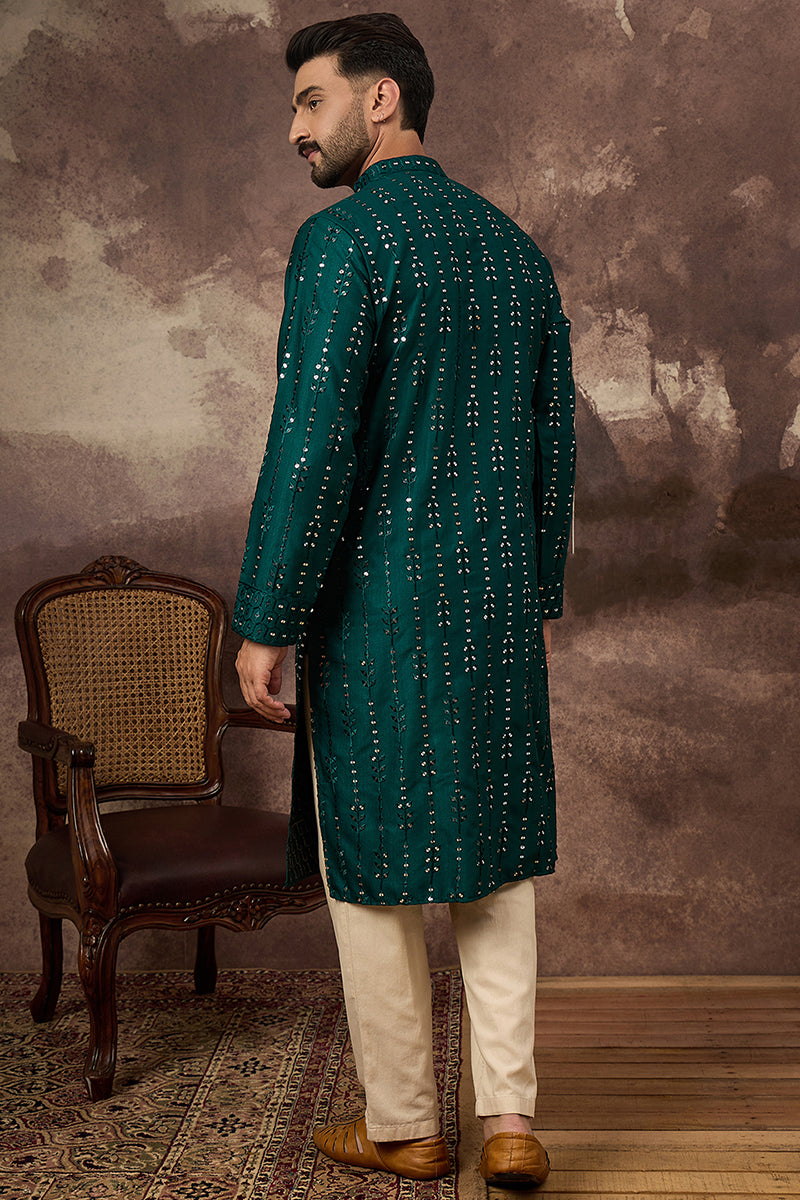 Teal Silk Solid Embroidered Straight Kurta
