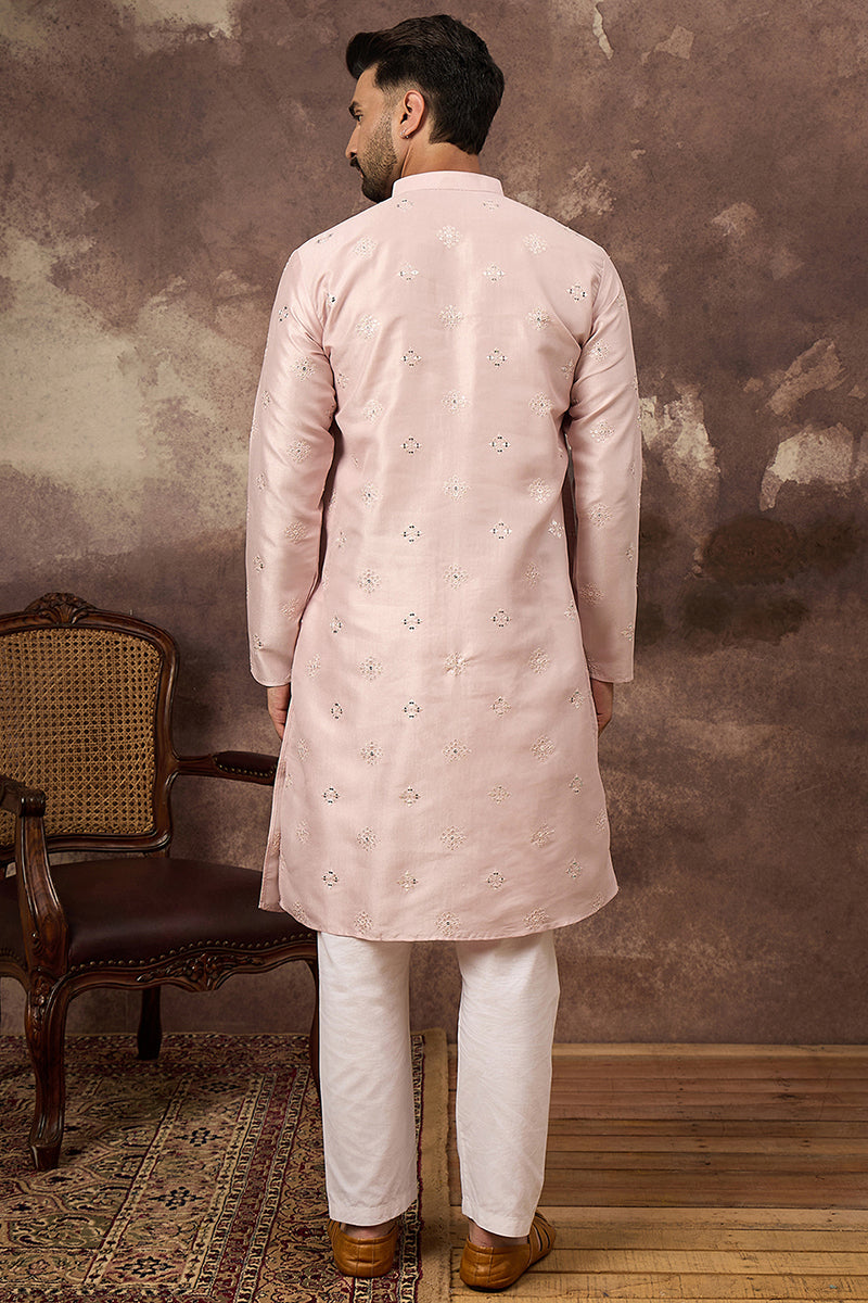 Pink Silk Blend Solid Embroidered Straight Kurta