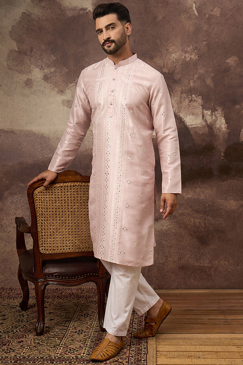 Pink Silk Blend Solid Embroidered Straight Kurta