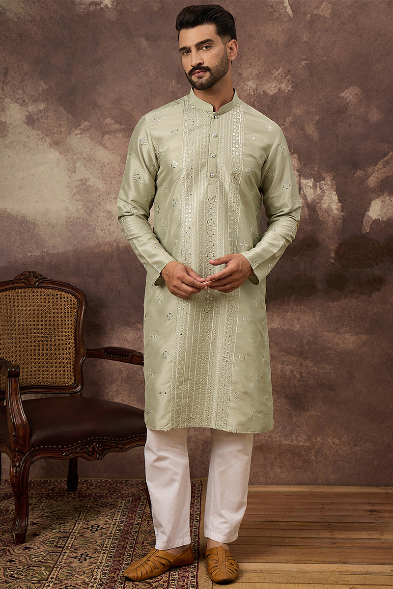 Green Silk Blend Solid Embroidered Straight Kurta With Pant Set MKSET1363