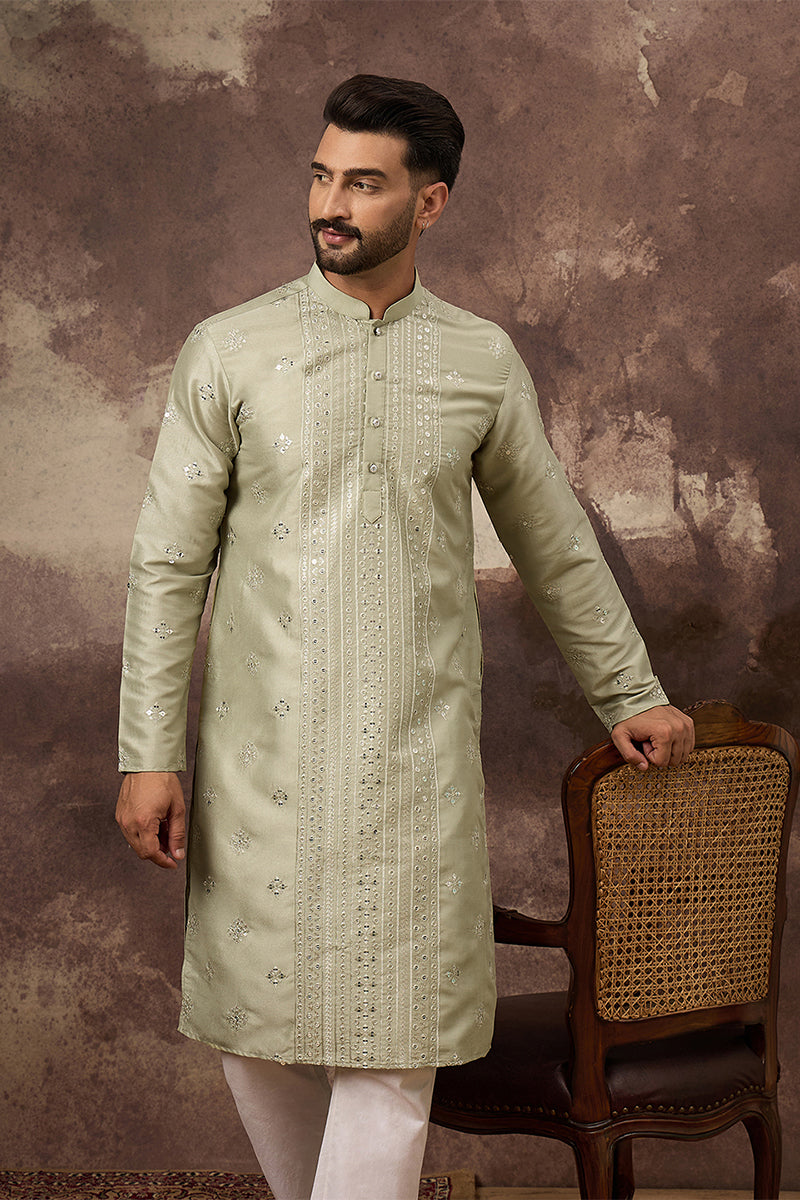 Green Silk Blend Solid Embroidered Straight Kurta