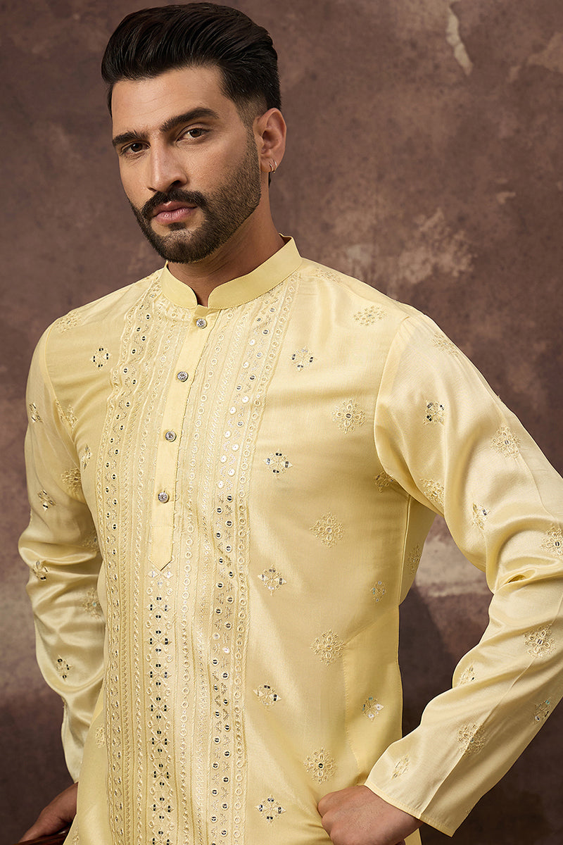 Yellow Silk Blend Solid Embroidered Straight Kurta With Pant Set MKSET1364