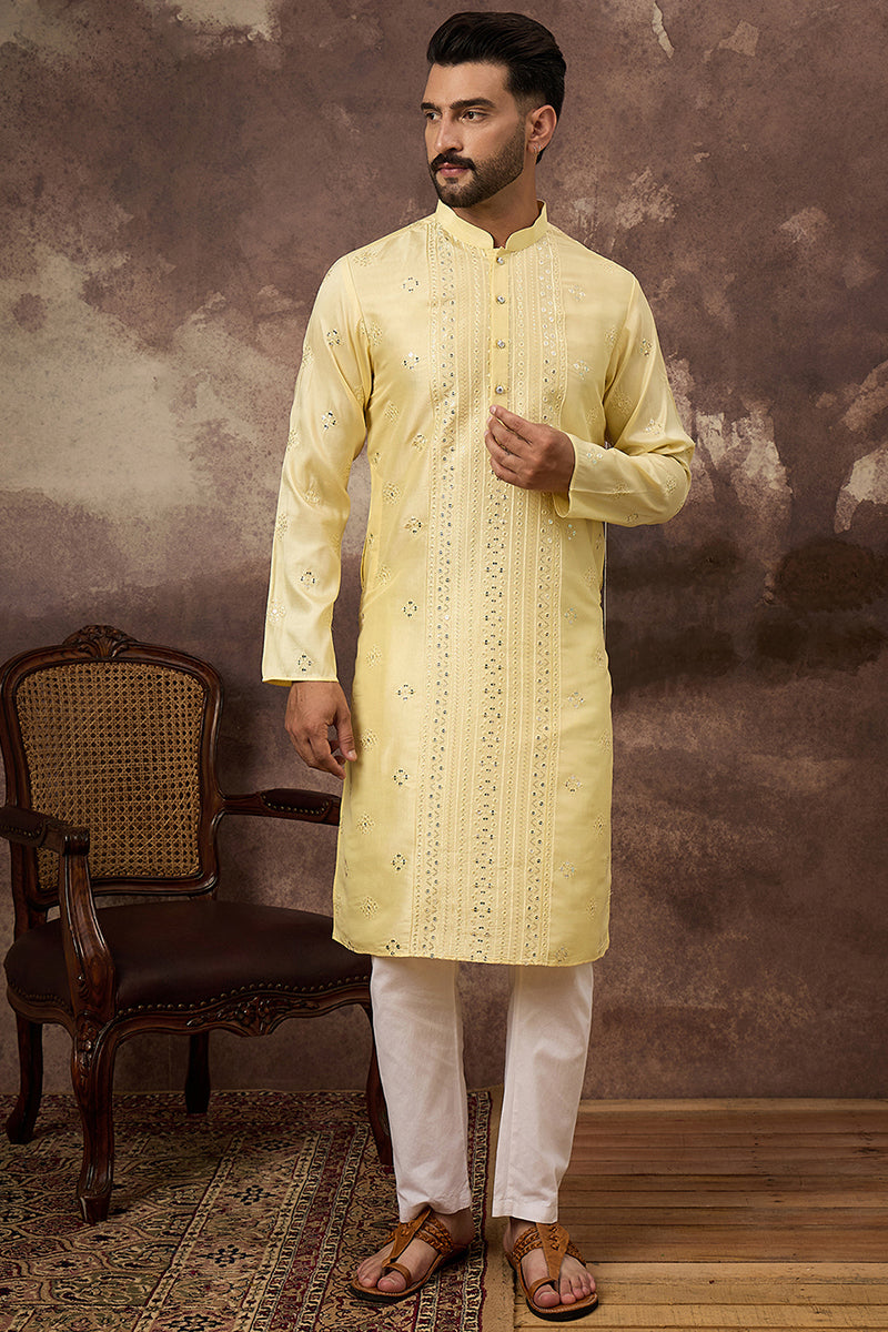 Yellow Silk Blend Solid Embroidered Straight Kurta With Pant Set MKSET1364