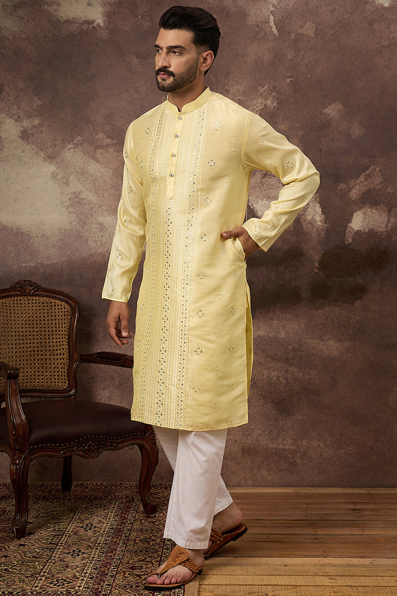 Yellow Silk Blend Solid Embroidered Straight Kurta With Pant Set MKSET1364