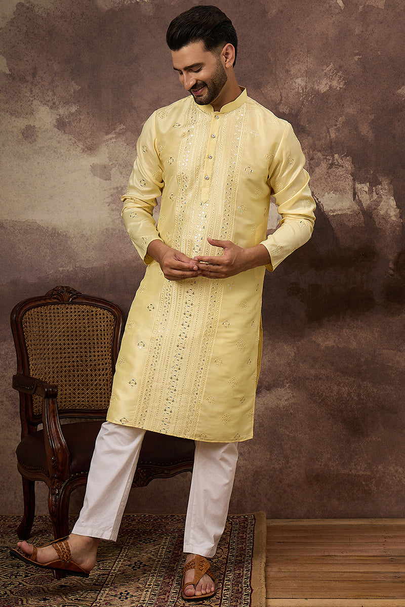 Yellow Silk Blend Solid Embroidered Straight Kurta