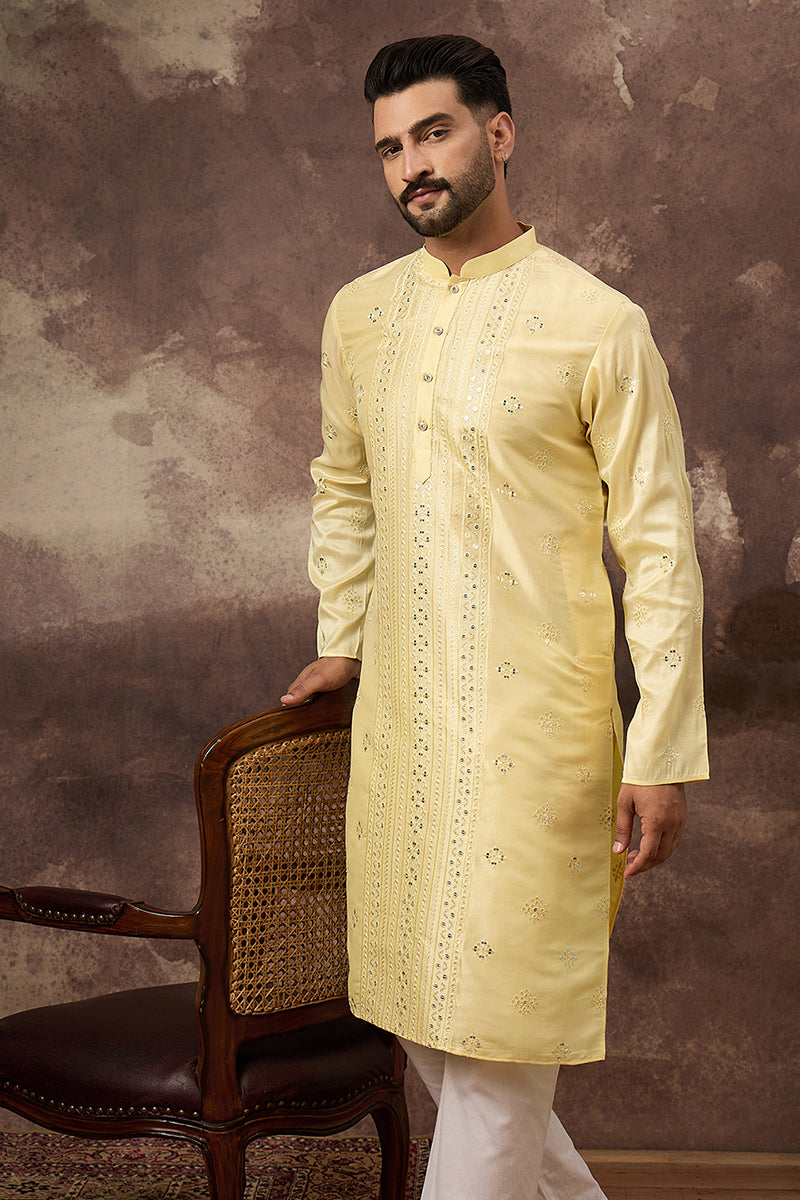 Yellow Silk Blend Solid Embroidered Straight Kurta With Pant Set