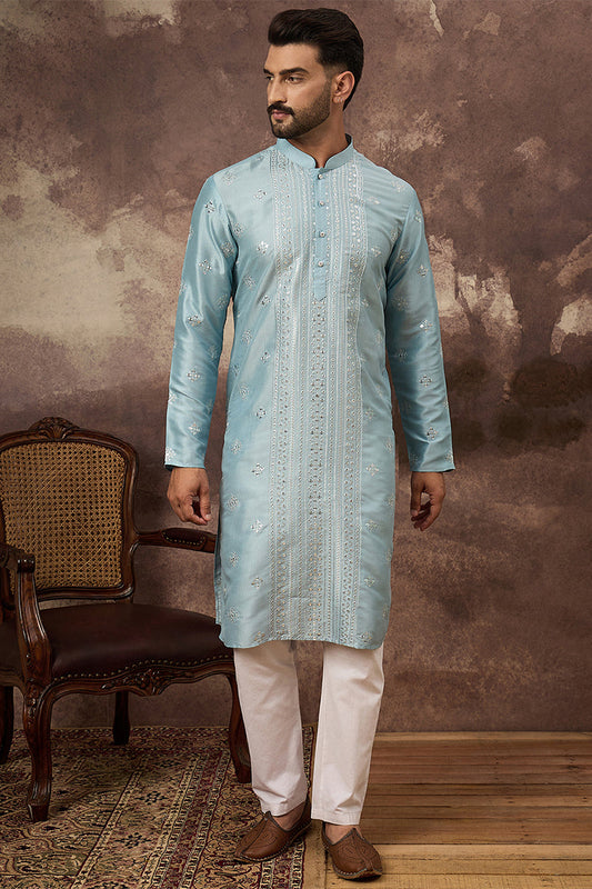 Blue Silk Blend Solid Embroidered Straight Kurta With Pant Set MKSET1365