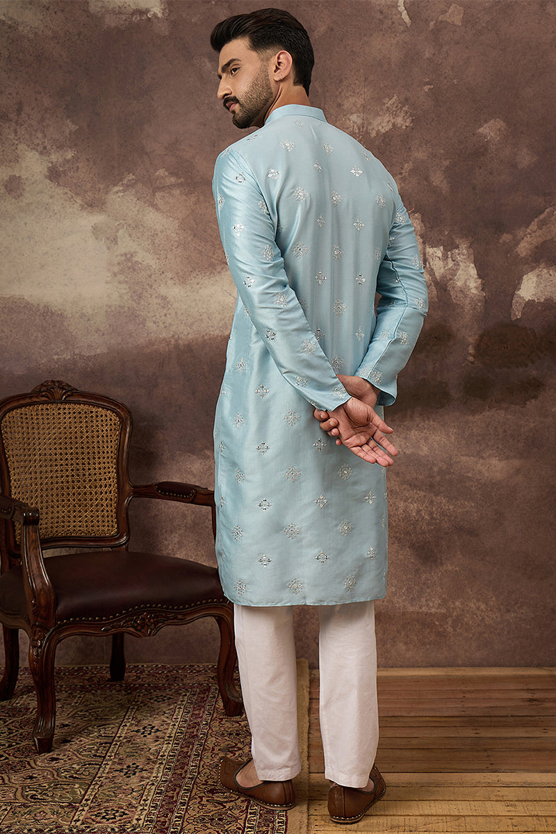 Blue Silk Blend Solid Embroidered Straight Kurta With Pant Set MKSET1365
