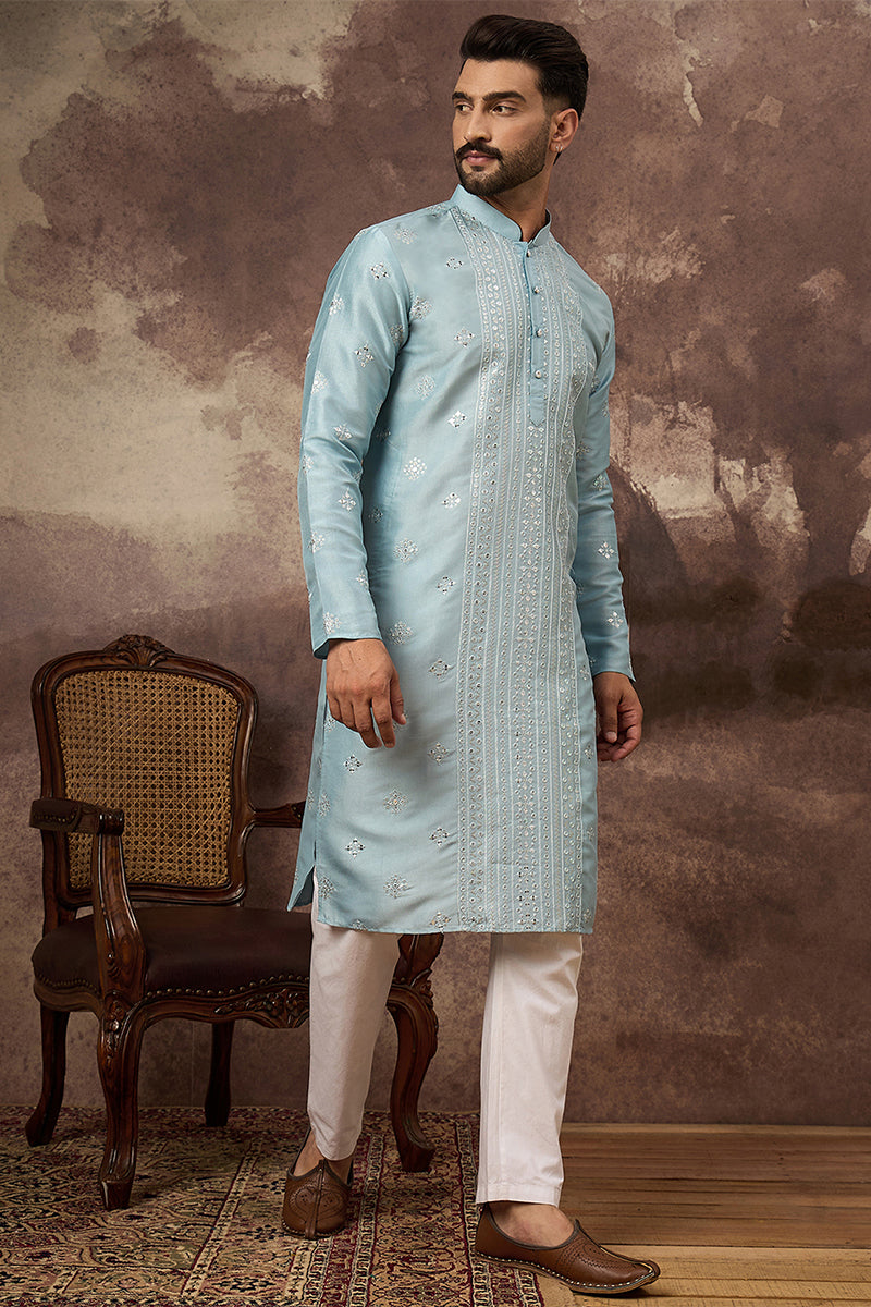 Blue Silk Blend Solid Embroidered Straight Kurta With Pant Set