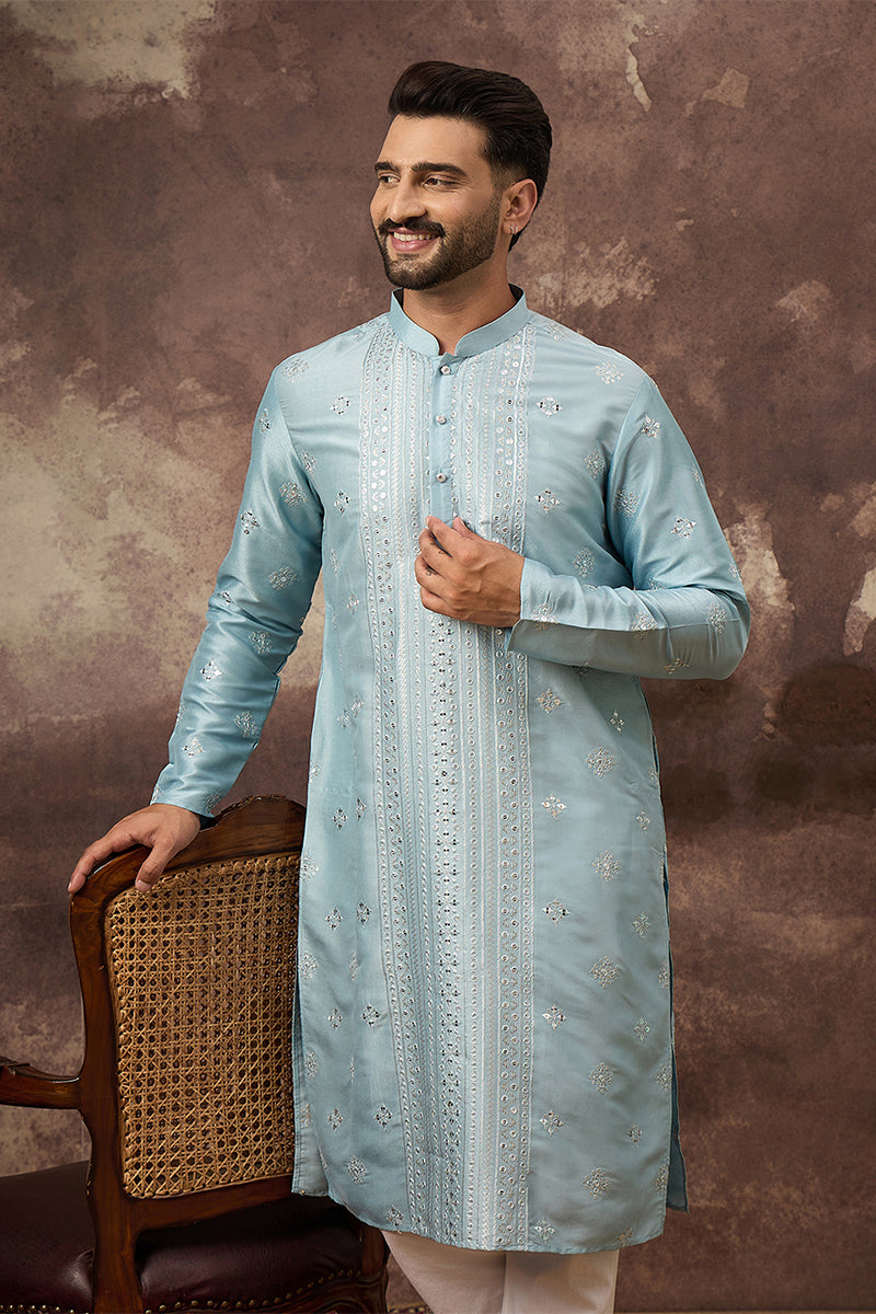 Blue Silk Blend Solid Embroidered Straight Kurta With Pant Set