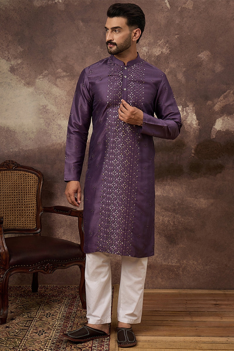 Purple Silk Solid Embroidered Straight Kurta