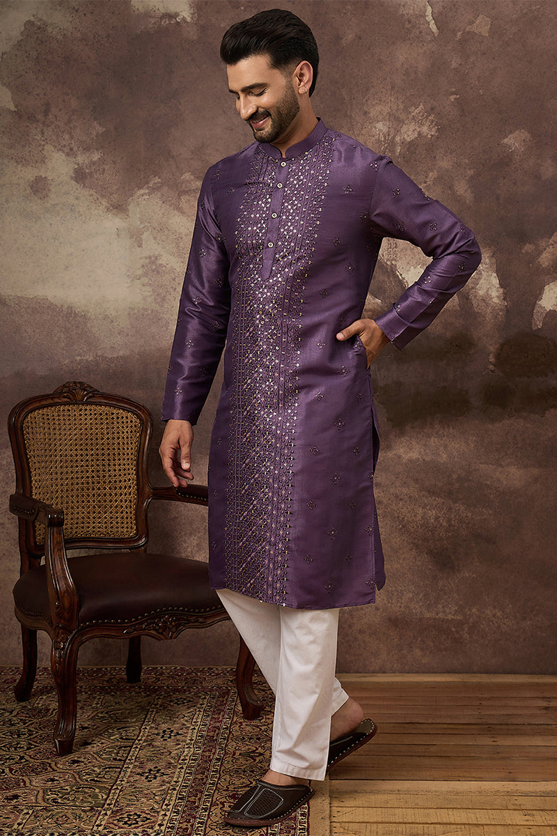Purple Silk Solid Embroidered Straight Kurta