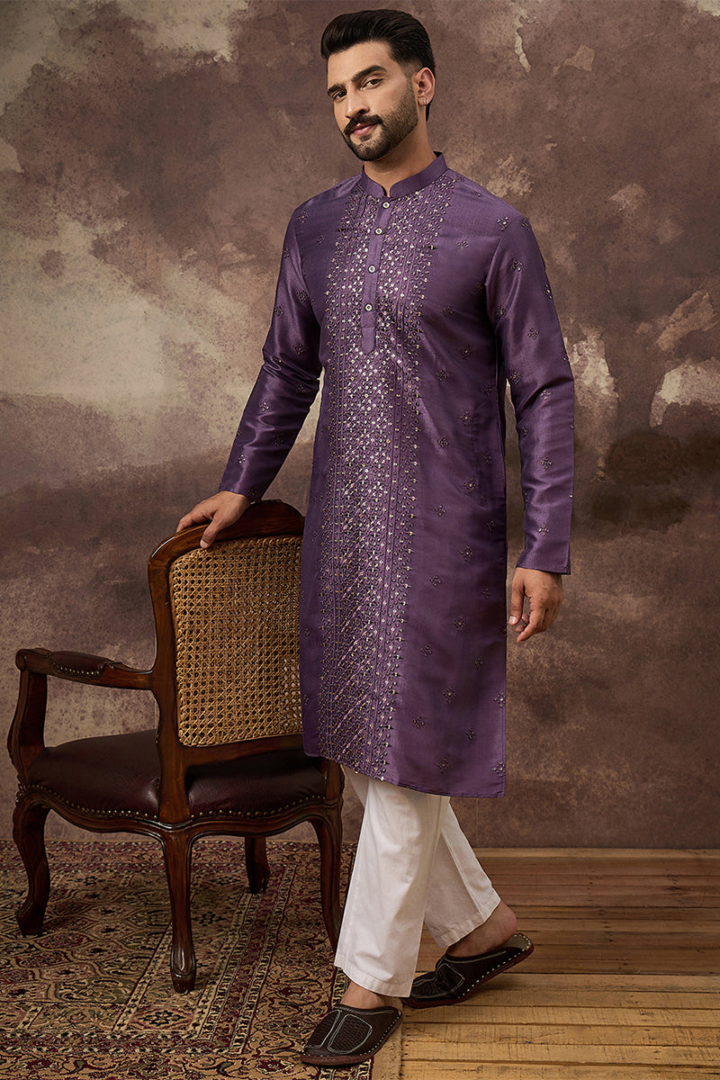 Purple Silk Solid Embroidered Straight Kurta
