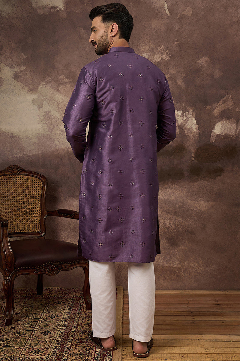 Purple Silk Solid Embroidered Straight Kurta