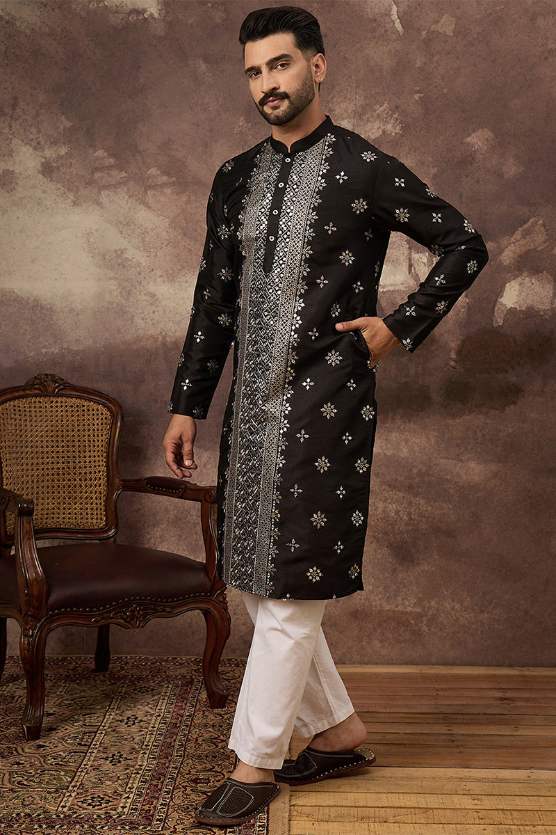 Black Silk Blend Solid Embroidered Straight Kurta
