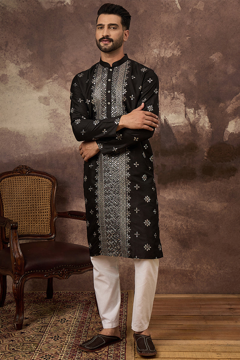 Black Silk Blend Solid Embroidered Straight Kurta