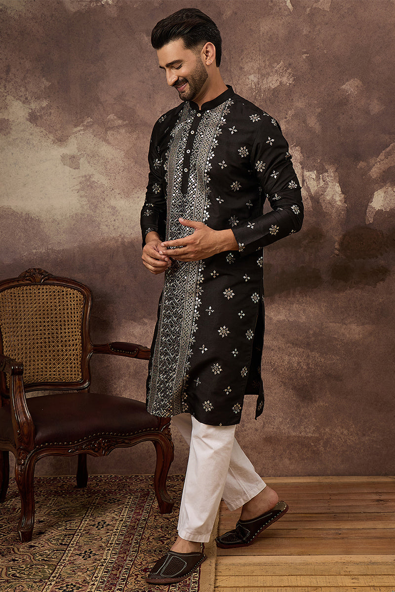Black Silk Blend Solid Embroidered Straight Kurta MKU1370
