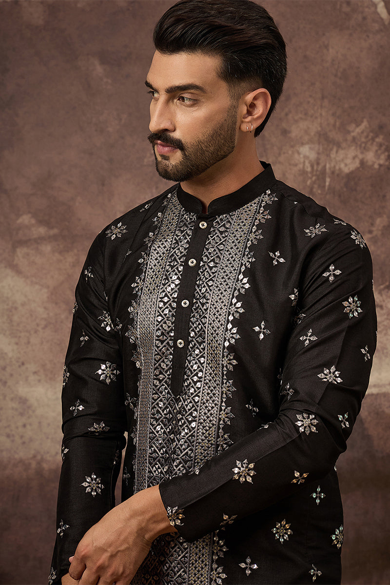 Black Silk Blend Solid Embroidered Straight Kurta MKU1370