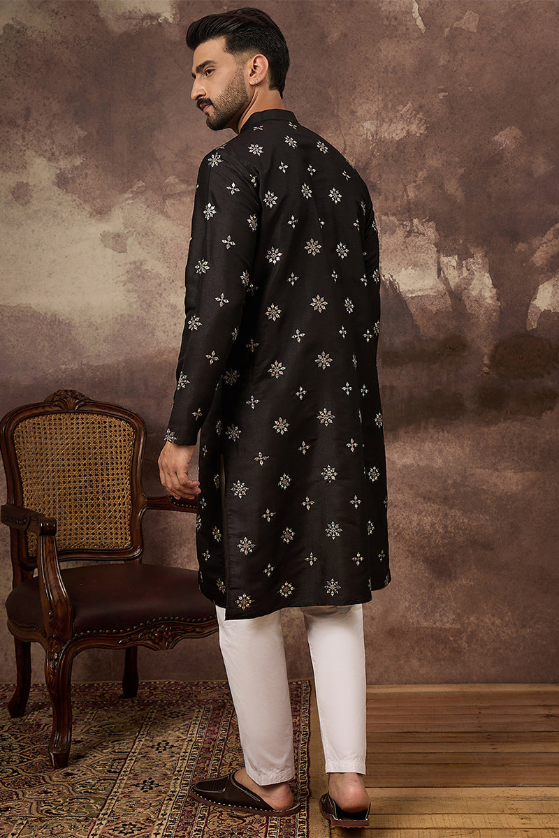 Black Silk Blend Solid Embroidered Straight Kurta