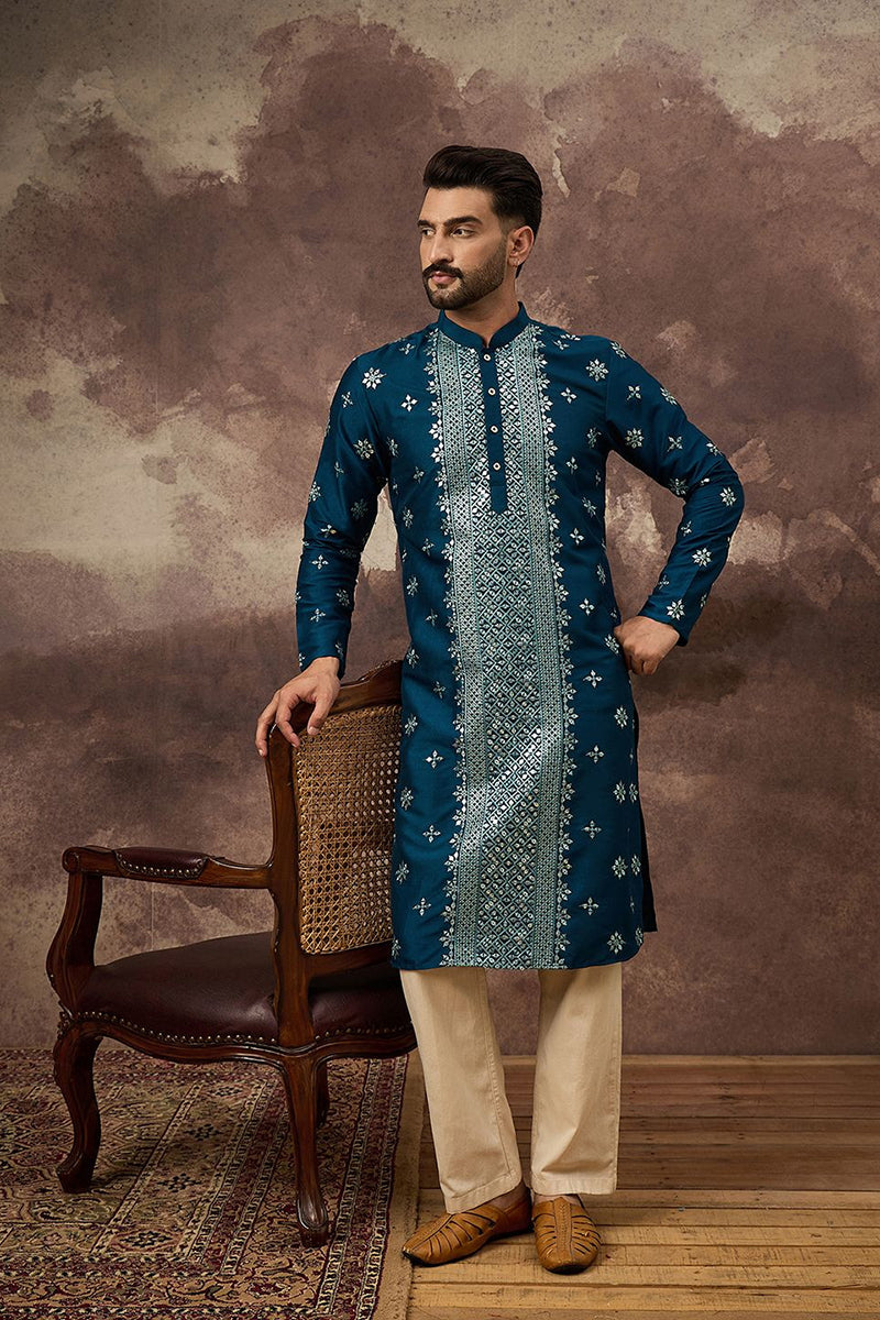 Blue Silk Blend Solid Embroidered Straight Kurta