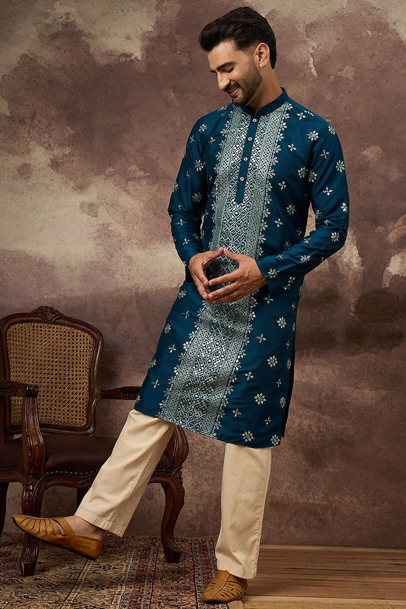 Blue Silk Blend Solid Embroidered Straight Kurta