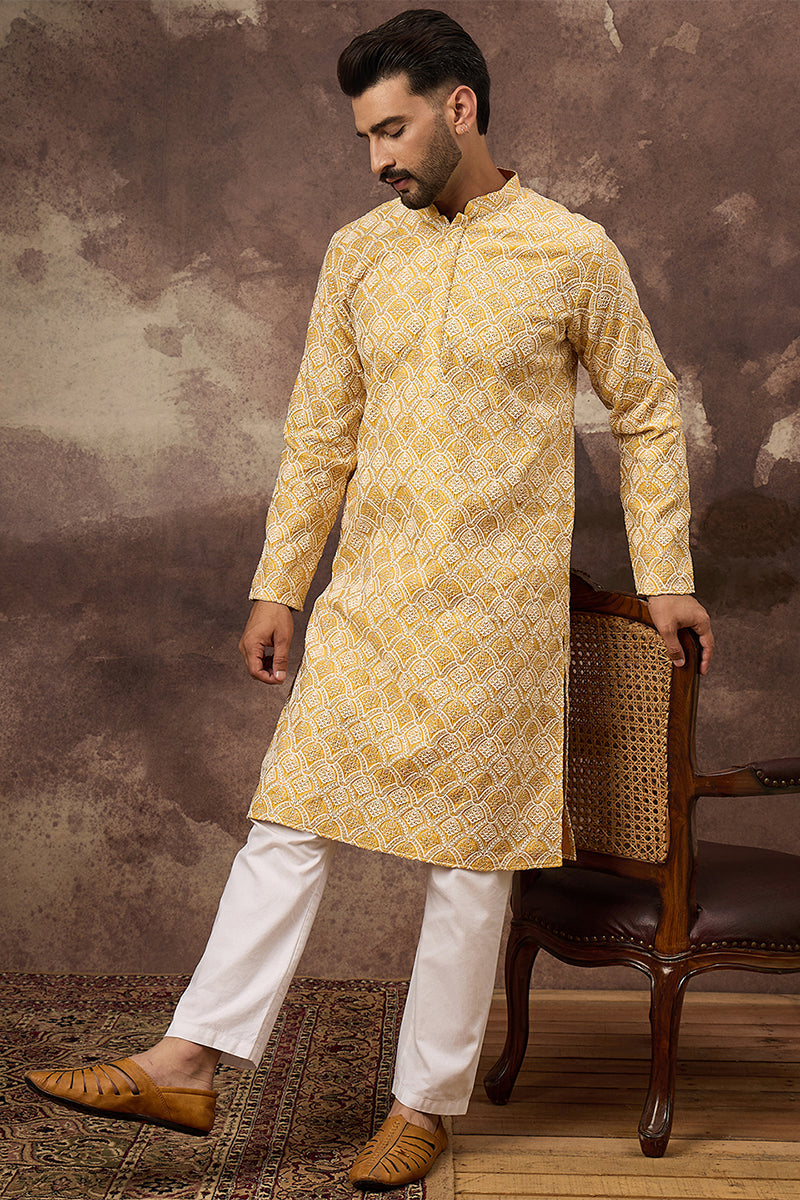 Yellow Viscose Rayon Solid Embroidered Straight Kurta