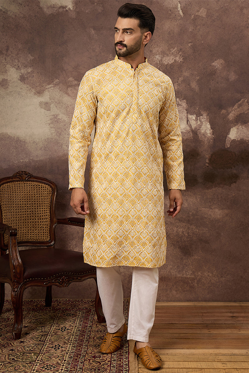 Yellow Viscose Rayon Solid Embroidered Straight Kurta MKU1385