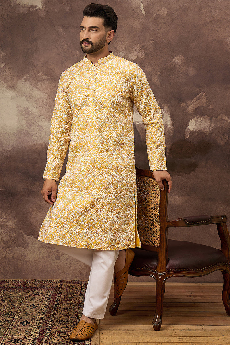 Yellow Viscose Rayon Solid Embroidered Straight Kurta
