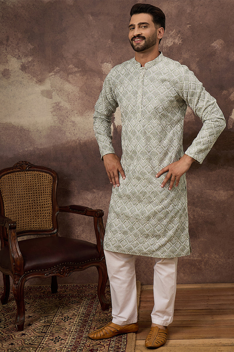 green viscose rayon solid embroidered straight kurta