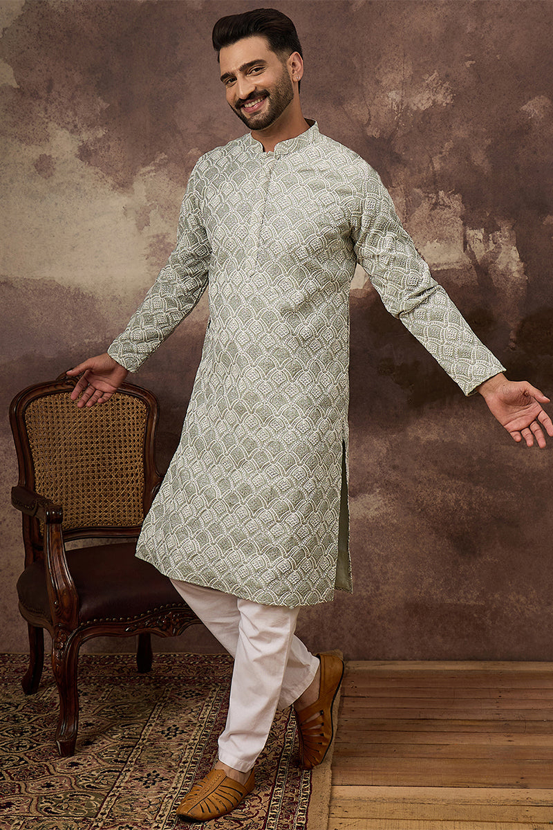green viscose rayon solid embroidered straight kurta