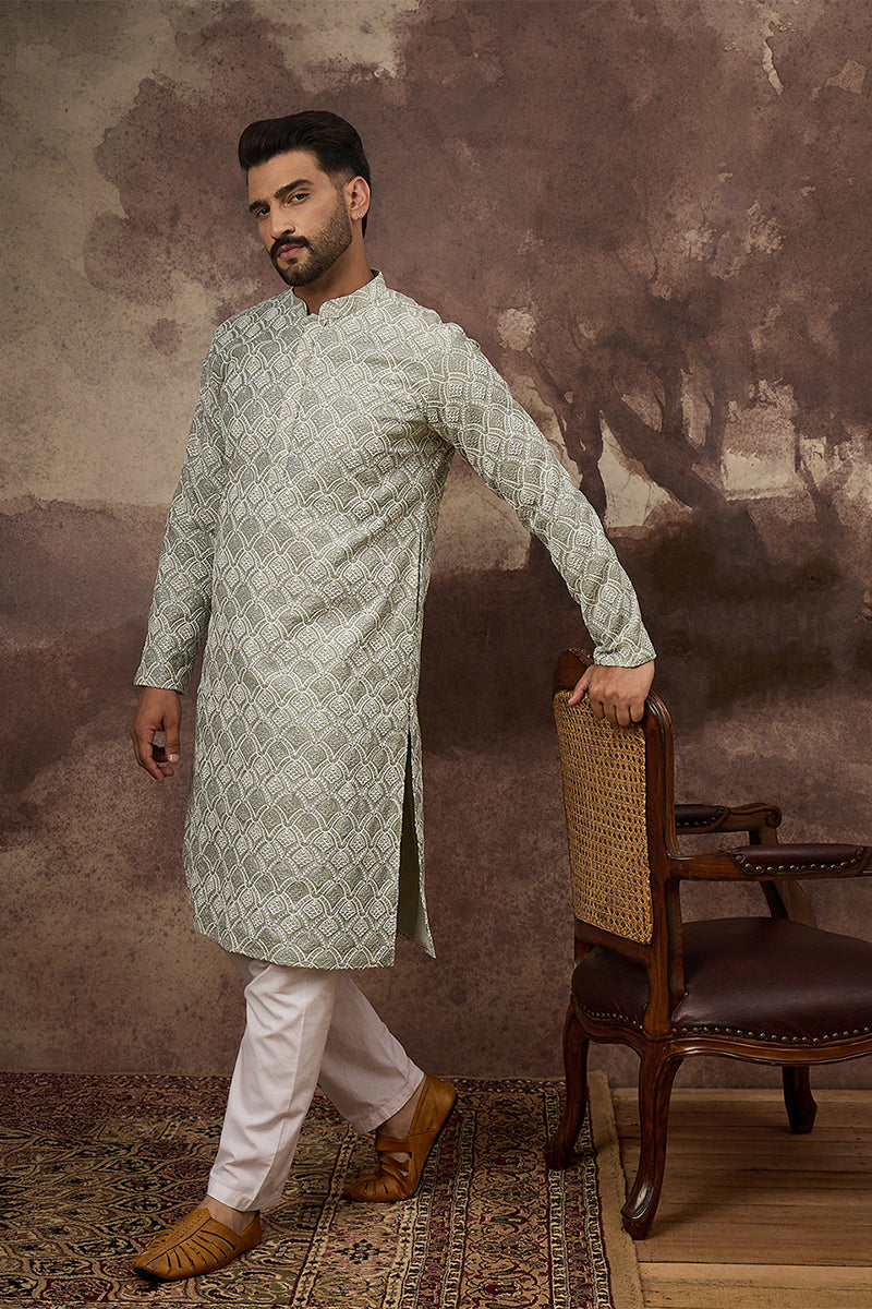 green viscose rayon solid embroidered straight kurta